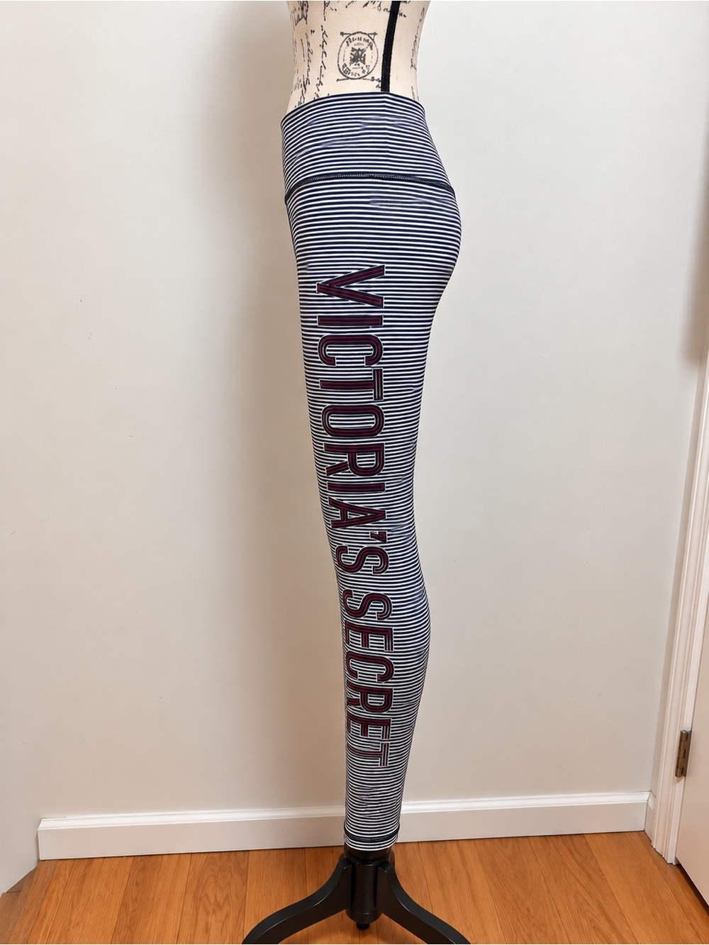 Victoria's Secret Black and White Striped Logo Leggings with Burgundy Text